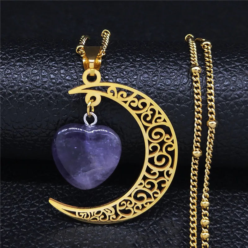 Witchcraft Witch Crescent Moon Stainless Steel Purple Crystal Chain Necklace Women Silver Color Necklace Jewelry collares N6327