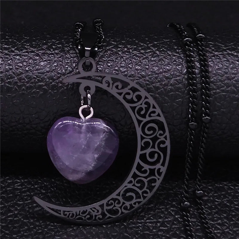 Witchcraft Witch Crescent Moon Stainless Steel Purple Crystal Chain Necklace Women Silver Color Necklace Jewelry collares N6327