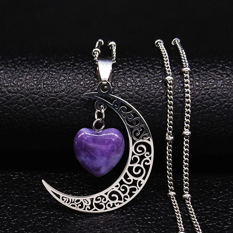 Witchcraft Witch Crescent Moon Stainless Steel Purple Crystal Chain Necklace Women Silver Color Necklace Jewelry collares N6327