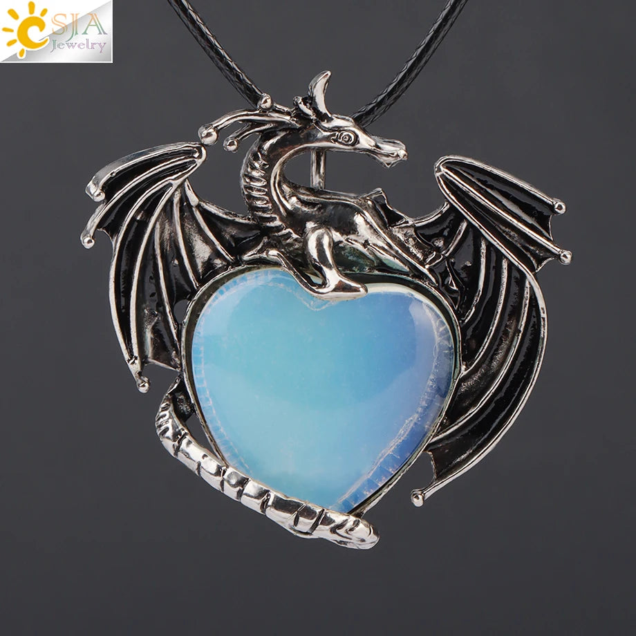 CSJA Double Dragon Necklace Natural Stone Heart Crystal Pendant Amulet Neckalces for Man Women Jewelry Gift H238