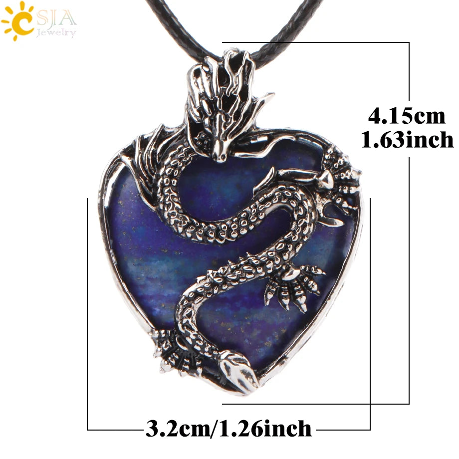 CSJA Double Dragon Necklace Natural Stone Heart Crystal Pendant Amulet Neckalces for Man Women Jewelry Gift H238