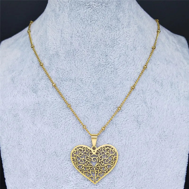 Aesthetic Love Heart Tree of Life Hollow Pendant Necklace for Women Stainless Steel Gold Color Bead Chain Jewelry collar N7173S1