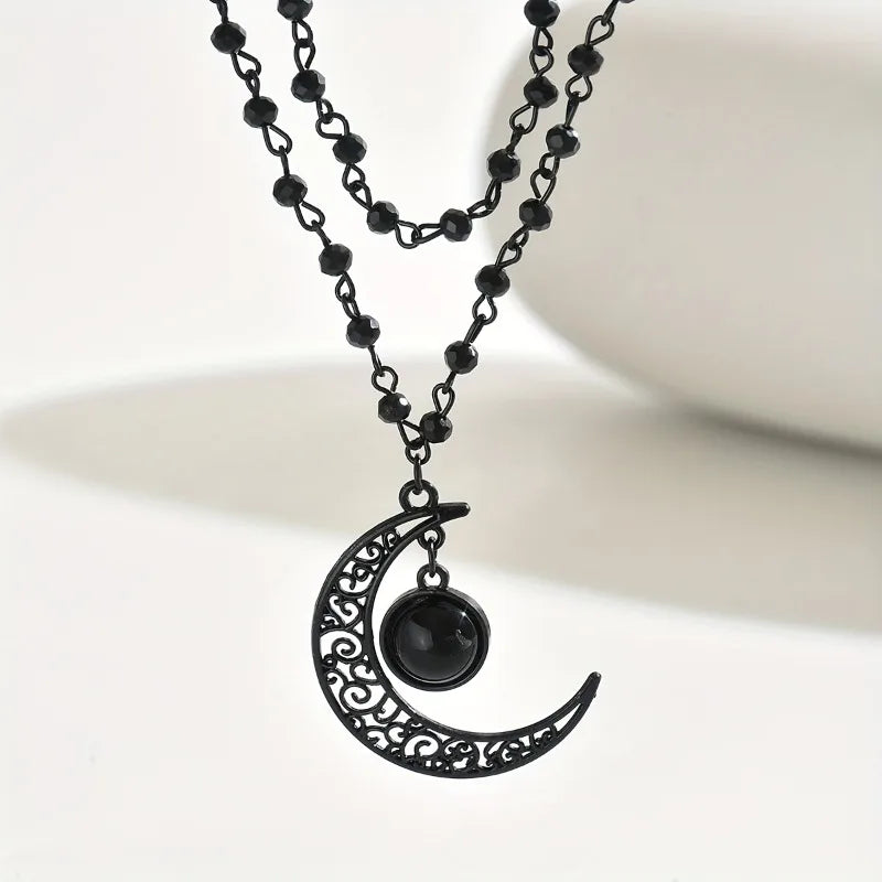 Gothic Retro Hollowed Out Moon Pendant Double Layered Necklace for Women, Witch, Dark Party Gift, Outfit, Accessory