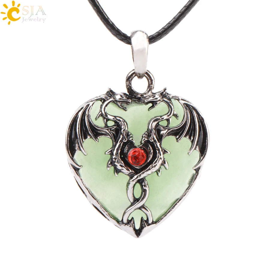 CSJA Double Dragon Necklace Natural Stone Heart Crystal Pendant Amulet Neckalces for Man Women Jewelry Gift H238