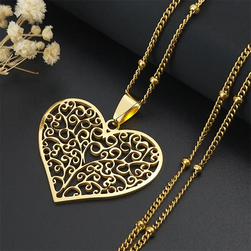 Aesthetic Love Heart Tree of Life Hollow Pendant Necklace for Women Stainless Steel Gold Color Bead Chain Jewelry collar N7173S1