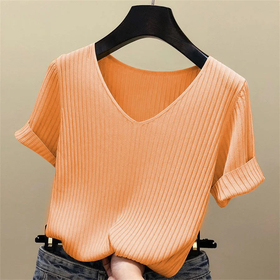 2026 Summer Blouse Women Blusas Mujer De Moda Verano Short Sleeve Blouse V-Neck Knitted Blouse Shirt Tops Women Blusas