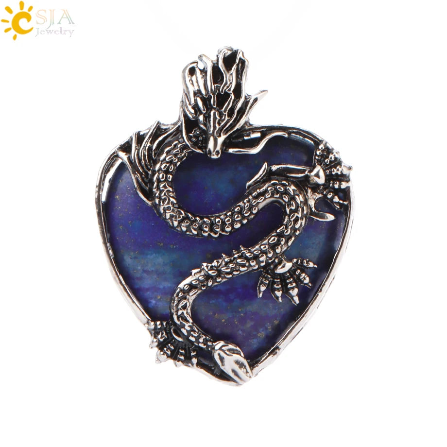 CSJA Double Dragon Necklace Natural Stone Heart Crystal Pendant Amulet Neckalces for Man Women Jewelry Gift H238