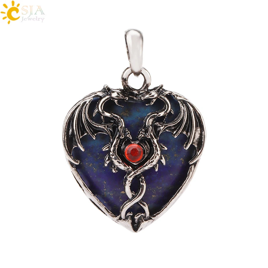 CSJA Double Dragon Necklace Natural Stone Heart Crystal Pendant Amulet Neckalces for Man Women Jewelry Gift H238