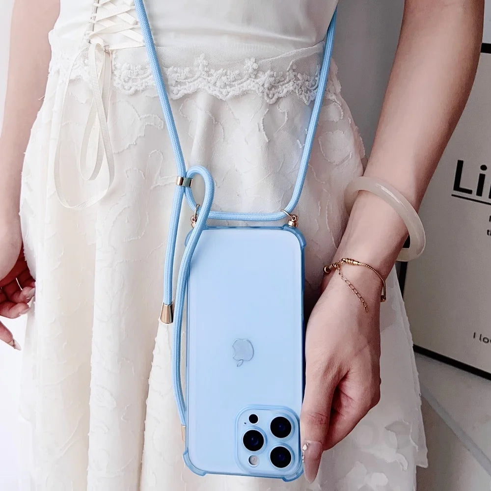 Crossbody Strap Lanyard Matte Shockproof Case For iPhone 17 16 Pro Max 15 14 13 Mini 12 11 XR XS X 7 8 Plus Clear Soft TPU Cover
