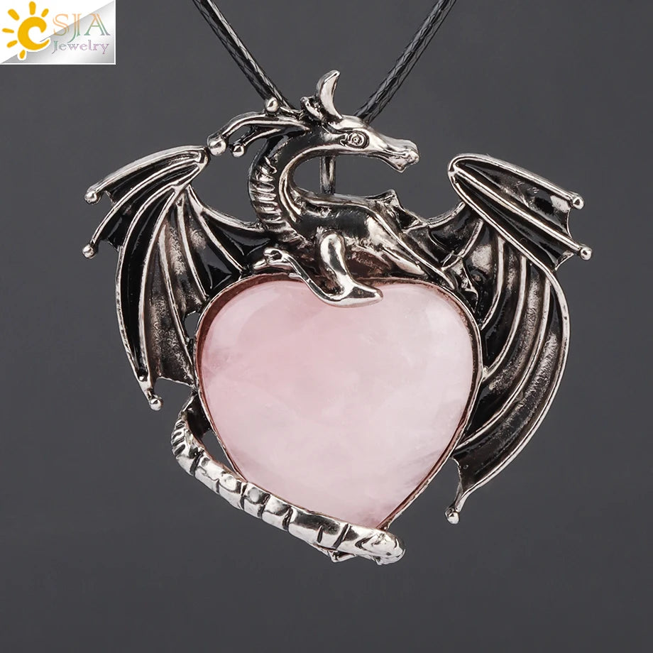 CSJA Double Dragon Necklace Natural Stone Heart Crystal Pendant Amulet Neckalces for Man Women Jewelry Gift H238