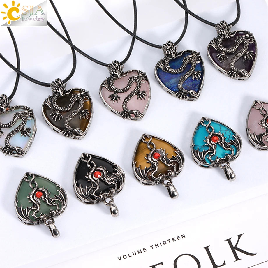 CSJA Double Dragon Necklace Natural Stone Heart Crystal Pendant Amulet Neckalces for Man Women Jewelry Gift H238