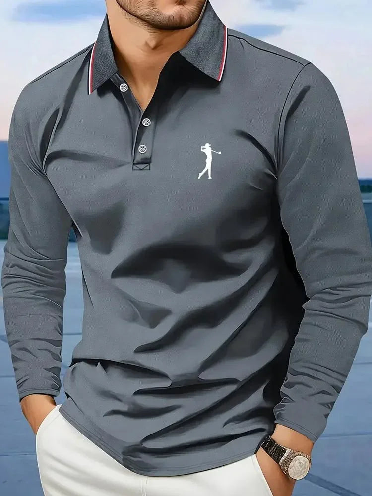 Casual men's polo shirt with long sleeves, breathable and comfortable, suitable for striped printed graphics and golf player gra