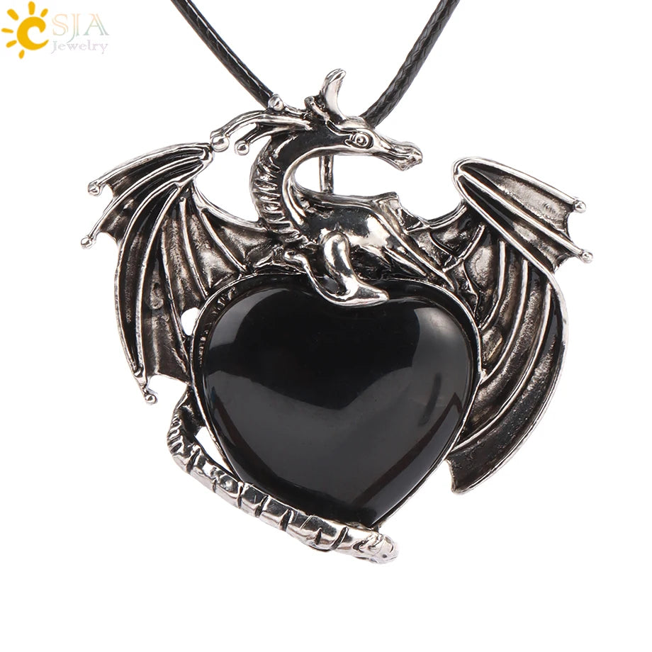 CSJA Double Dragon Necklace Natural Stone Heart Crystal Pendant Amulet Neckalces for Man Women Jewelry Gift H238