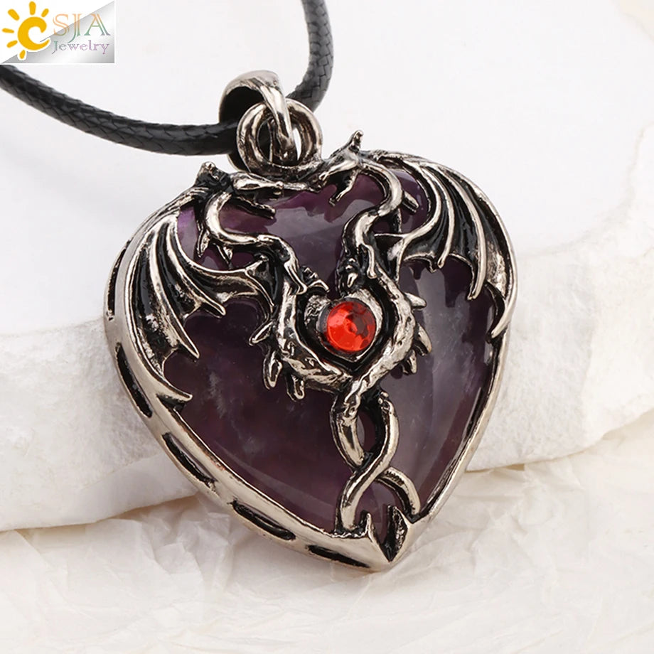 CSJA Double Dragon Necklace Natural Stone Heart Crystal Pendant Amulet Neckalces for Man Women Jewelry Gift H238