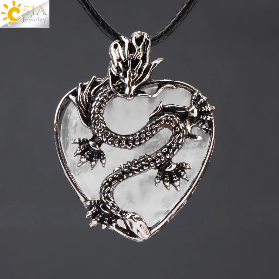 CSJA Double Dragon Necklace Natural Stone Heart Crystal Pendant Amulet Neckalces for Man Women Jewelry Gift H238