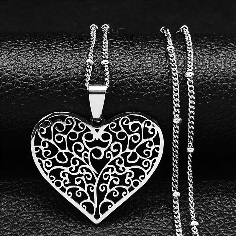Aesthetic Love Heart Tree of Life Hollow Pendant Necklace for Women Stainless Steel Gold Color Bead Chain Jewelry collar N7173S1