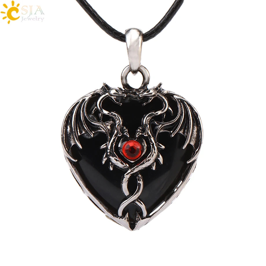 CSJA Double Dragon Necklace Natural Stone Heart Crystal Pendant Amulet Neckalces for Man Women Jewelry Gift H238