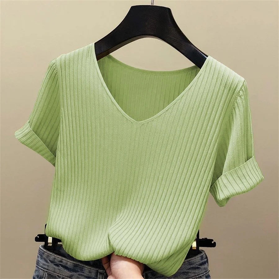 2026 Summer Blouse Women Blusas Mujer De Moda Verano Short Sleeve Blouse V-Neck Knitted Blouse Shirt Tops Women Blusas
