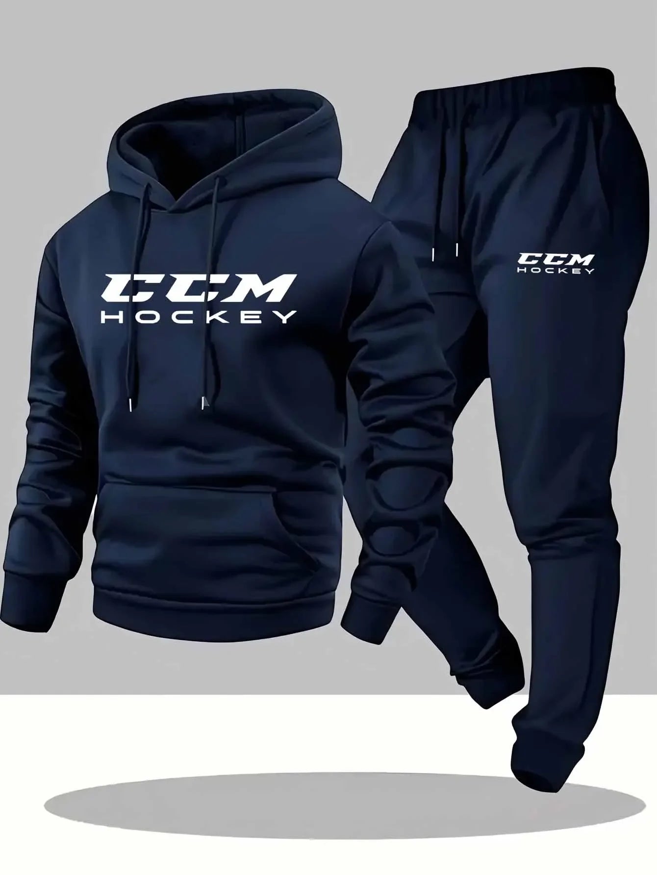 CCM Men's Casual Athletic Two-Piece Outfit Long Sleeve Hooded Sweatshirt And Joggers Set in Black And Beige with CCM Print