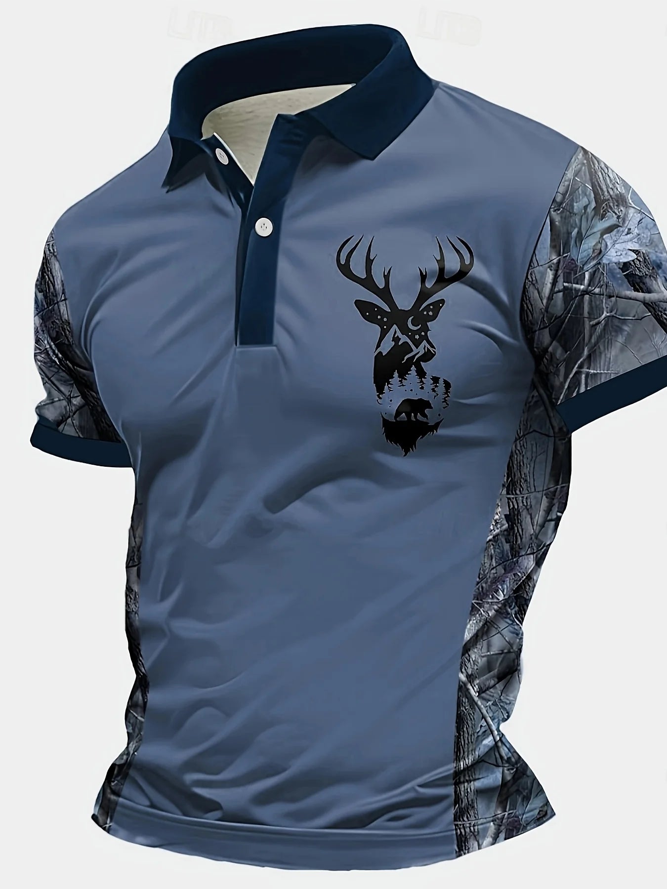 2026 Latest Men's Rugged Fashion! Camo Sleeve Men's Polo Shirt, with Khaki As The Main Color and Elk Pattern.