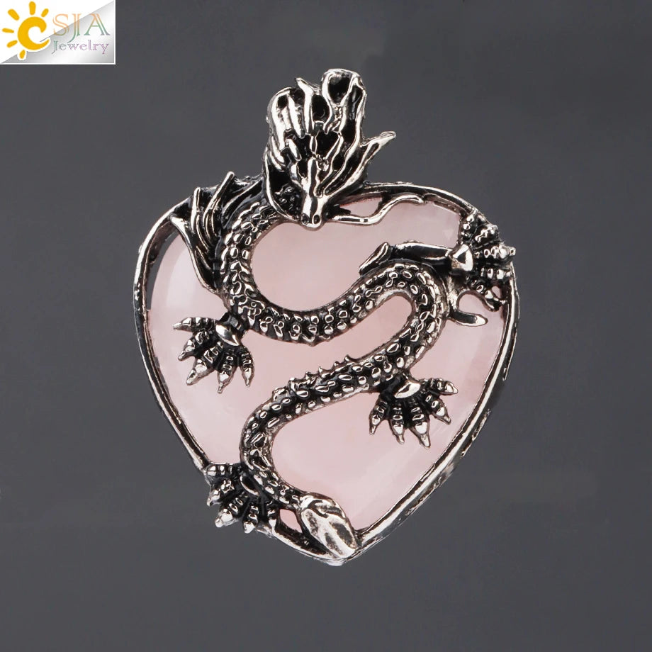 CSJA Double Dragon Necklace Natural Stone Heart Crystal Pendant Amulet Neckalces for Man Women Jewelry Gift H238