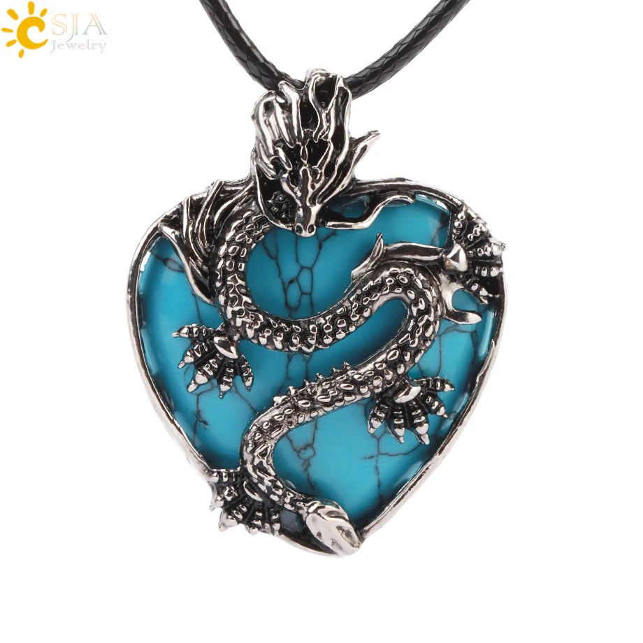 CSJA Double Dragon Necklace Natural Stone Heart Crystal Pendant Amulet Neckalces for Man Women Jewelry Gift H238