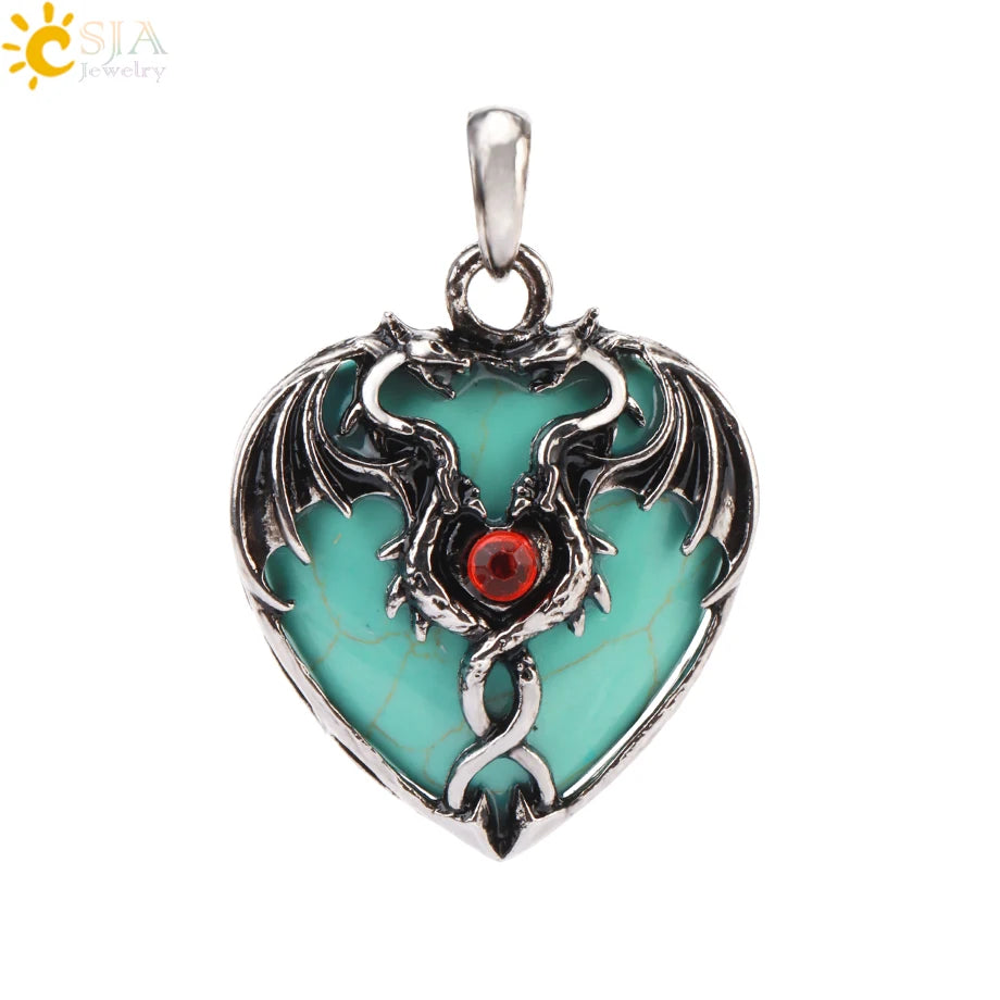 CSJA Double Dragon Necklace Natural Stone Heart Crystal Pendant Amulet Neckalces for Man Women Jewelry Gift H238