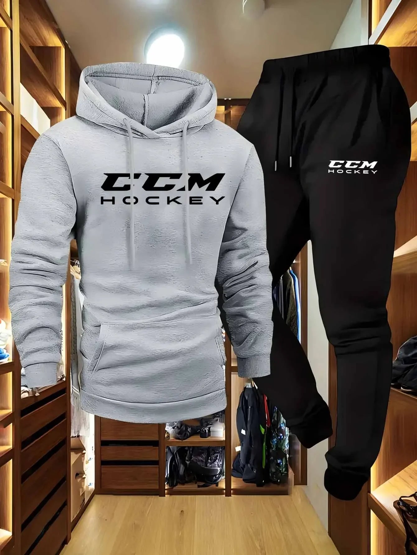 CCM Men's Casual Athletic Two-Piece Outfit Long Sleeve Hooded Sweatshirt And Joggers Set in Black And Beige with CCM Print