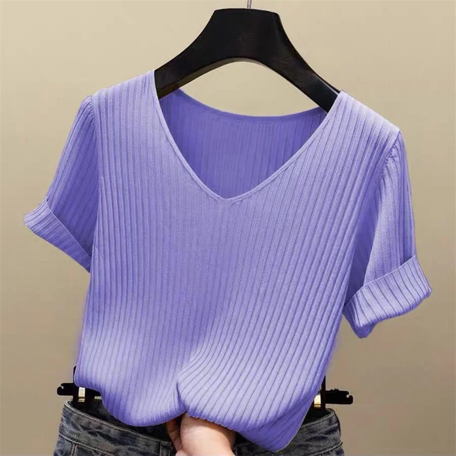 2026 Summer Blouse Women Blusas Mujer De Moda Verano Short Sleeve Blouse V-Neck Knitted Blouse Shirt Tops Women Blusas