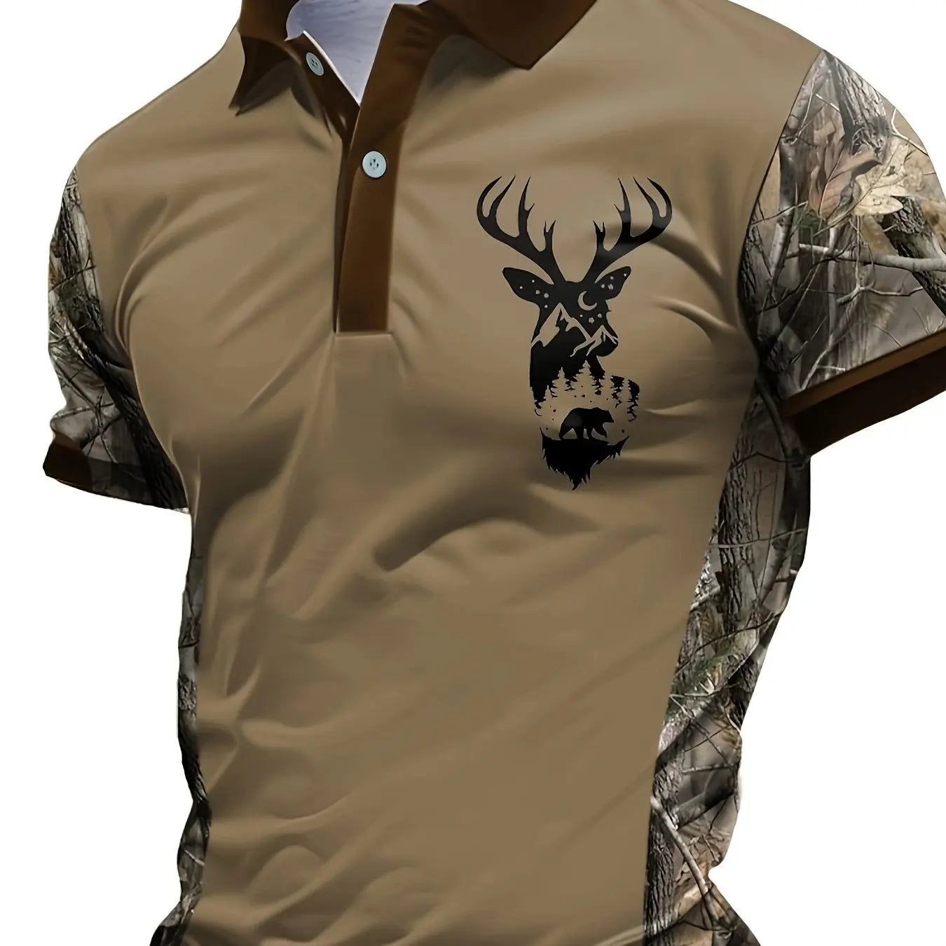 2026 Latest Men's Rugged Fashion! Camo Sleeve Men's Polo Shirt, with Khaki As The Main Color and Elk Pattern.