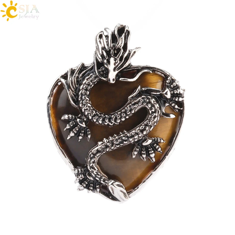 CSJA Double Dragon Necklace Natural Stone Heart Crystal Pendant Amulet Neckalces for Man Women Jewelry Gift H238