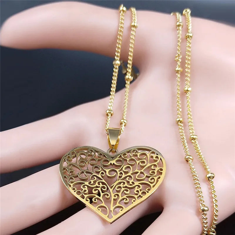 Aesthetic Love Heart Tree of Life Hollow Pendant Necklace for Women Stainless Steel Gold Color Bead Chain Jewelry collar N7173S1