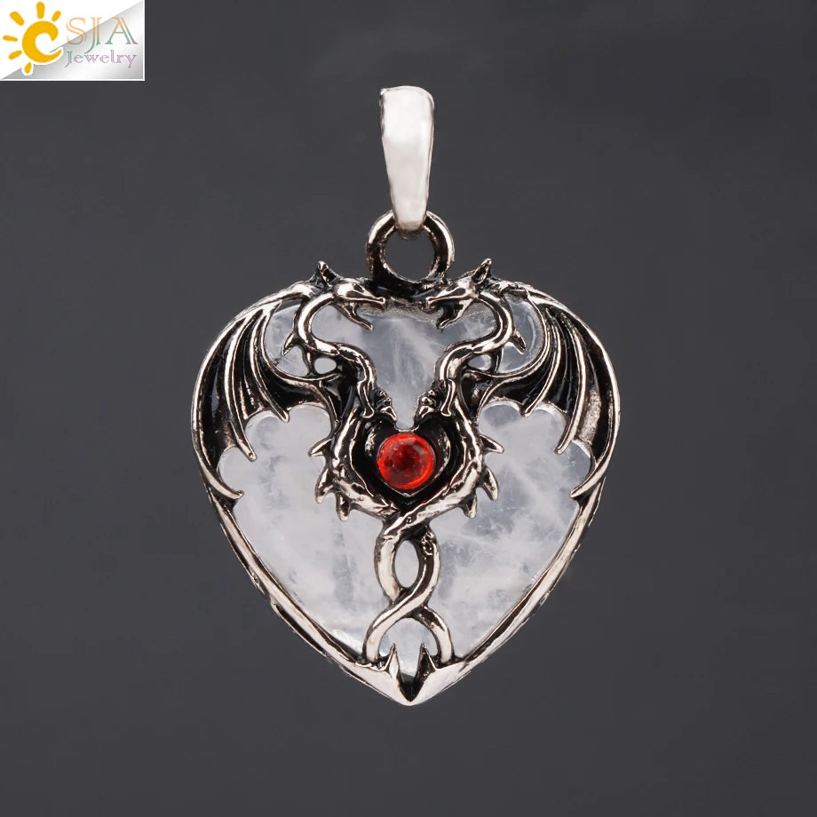 CSJA Double Dragon Necklace Natural Stone Heart Crystal Pendant Amulet Neckalces for Man Women Jewelry Gift H238