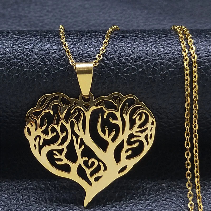 Aesthetic Love Heart Tree of Life Hollow Pendant Necklace for Women Stainless Steel Gold Color Bead Chain Jewelry collar N7173S1