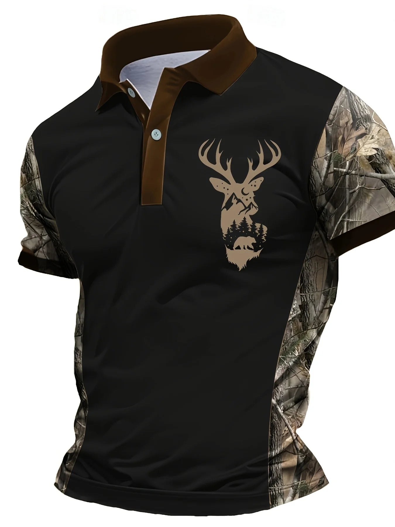 2026 Latest Men's Rugged Fashion! Camo Sleeve Men's Polo Shirt, with Khaki As The Main Color and Elk Pattern.