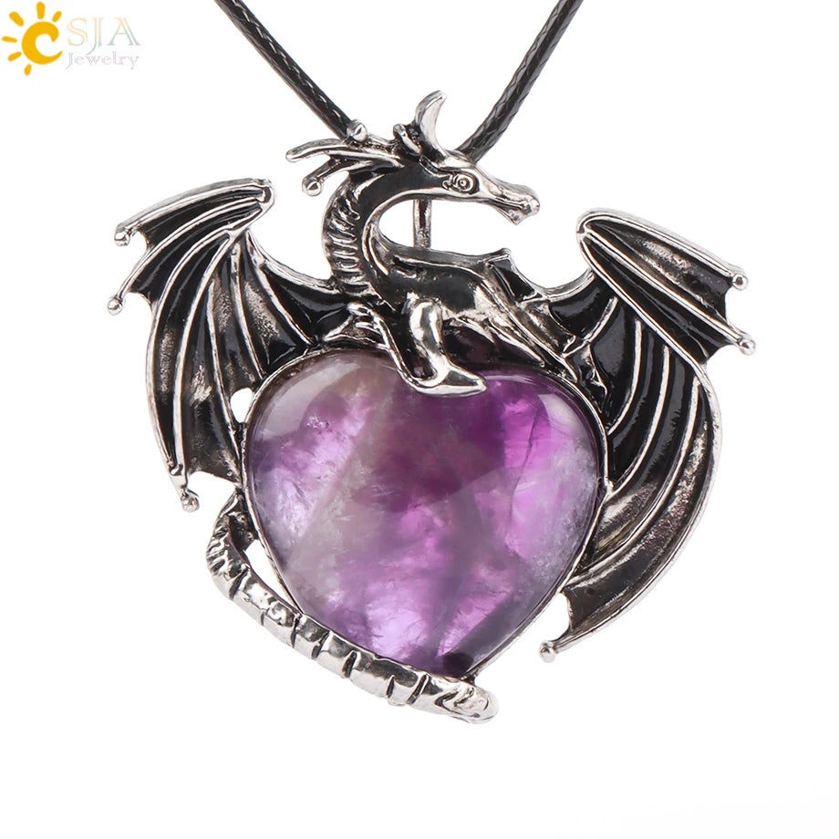 CSJA Double Dragon Necklace Natural Stone Heart Crystal Pendant Amulet Neckalces for Man Women Jewelry Gift H238