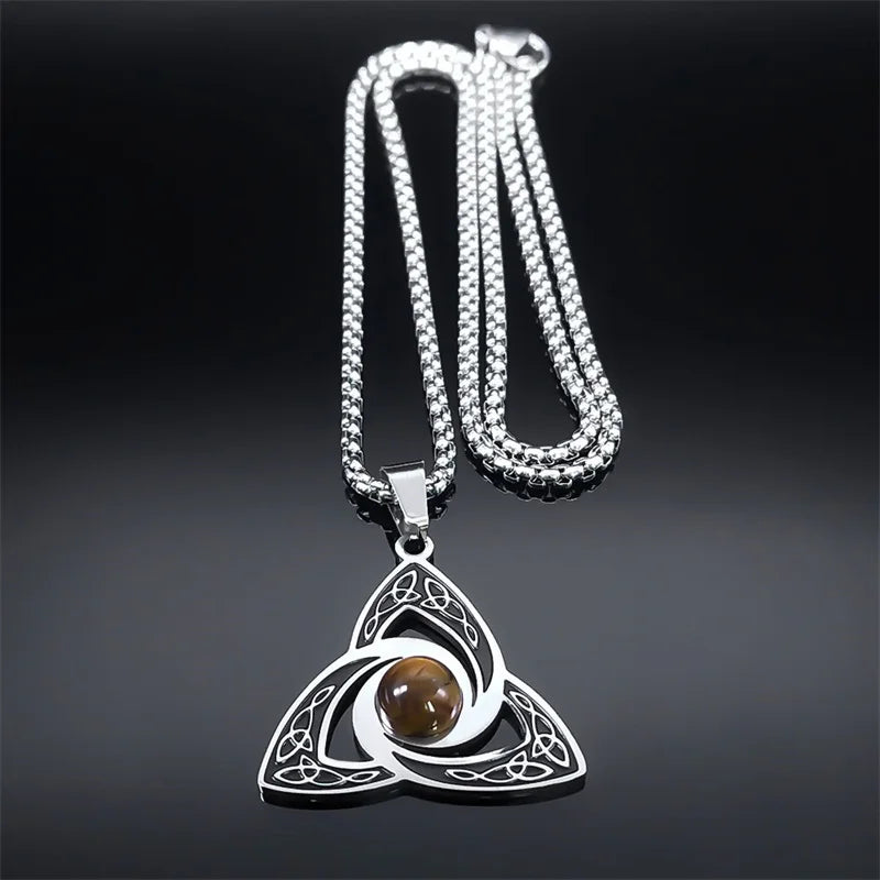 Viking Trinity Knot Necklace for Women Men Stainless Steel Tiger Eye Stone Irish Celtic Lucky Amulet Necklaces Jewelry N3806S02