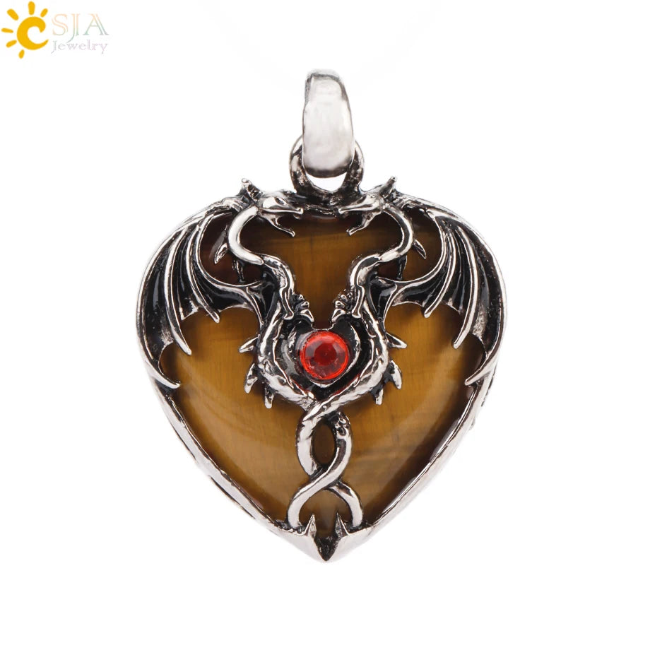 CSJA Double Dragon Necklace Natural Stone Heart Crystal Pendant Amulet Neckalces for Man Women Jewelry Gift H238