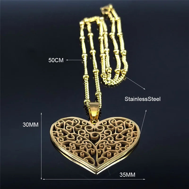 Aesthetic Love Heart Tree of Life Hollow Pendant Necklace for Women Stainless Steel Gold Color Bead Chain Jewelry collar N7173S1