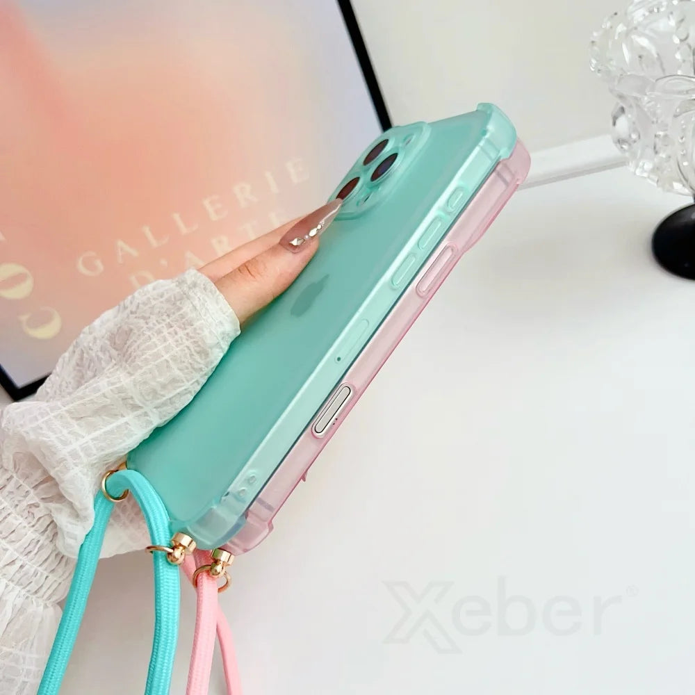 Crossbody Strap Lanyard Matte Shockproof Case For iPhone 17 16 Pro Max 15 14 13 Mini 12 11 XR XS X 7 8 Plus Clear Soft TPU Cover