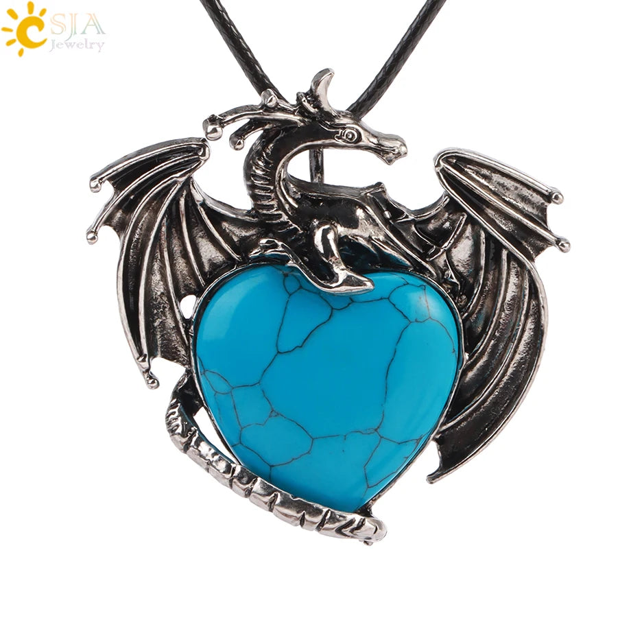 CSJA Double Dragon Necklace Natural Stone Heart Crystal Pendant Amulet Neckalces for Man Women Jewelry Gift H238
