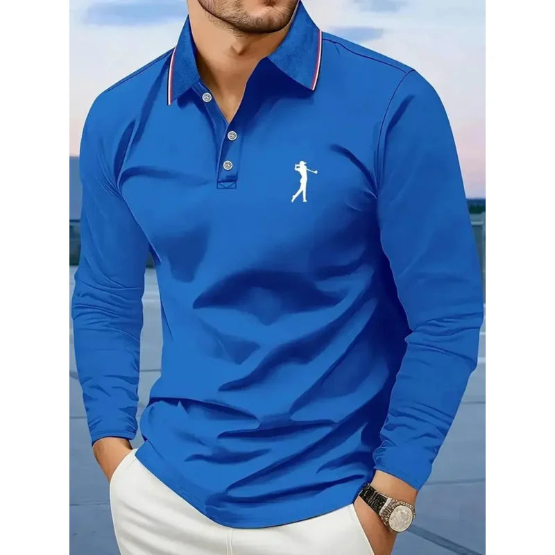 Casual men's polo shirt with long sleeves, breathable and comfortable, suitable for striped printed graphics and golf player gra