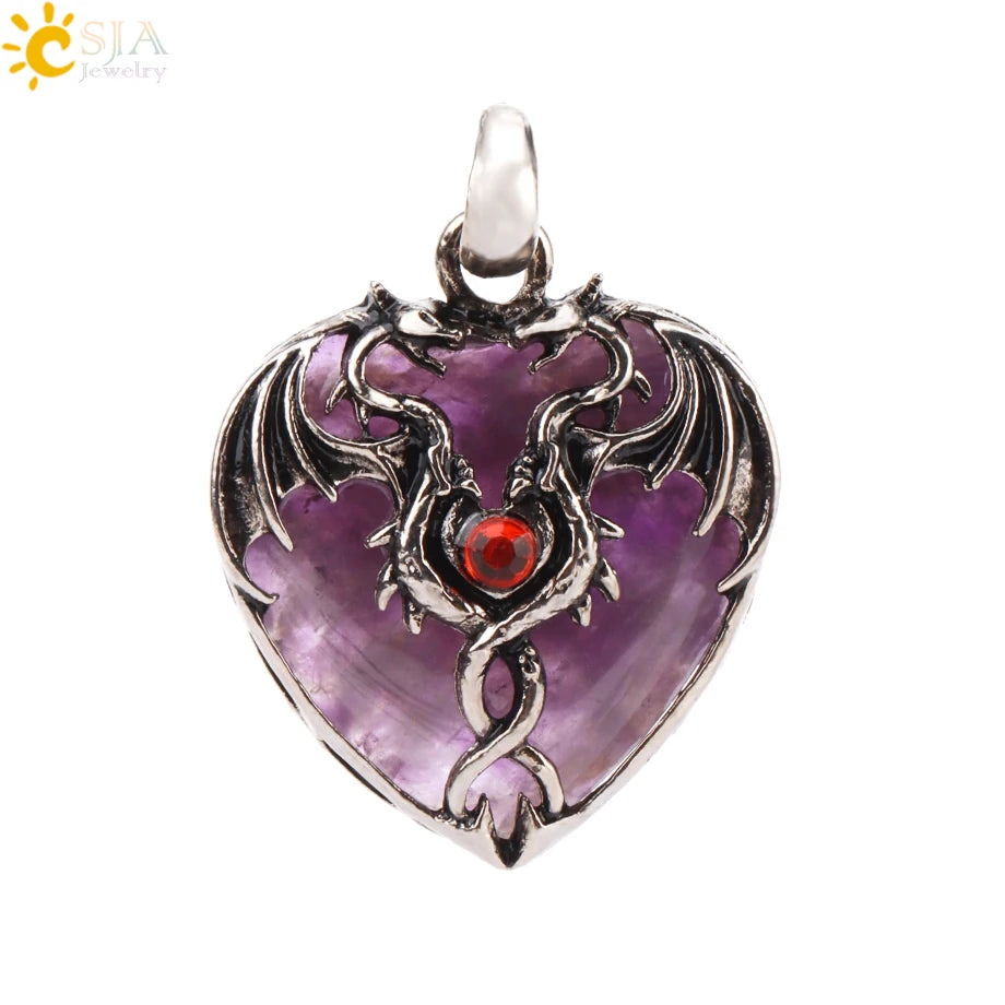 CSJA Double Dragon Necklace Natural Stone Heart Crystal Pendant Amulet Neckalces for Man Women Jewelry Gift H238