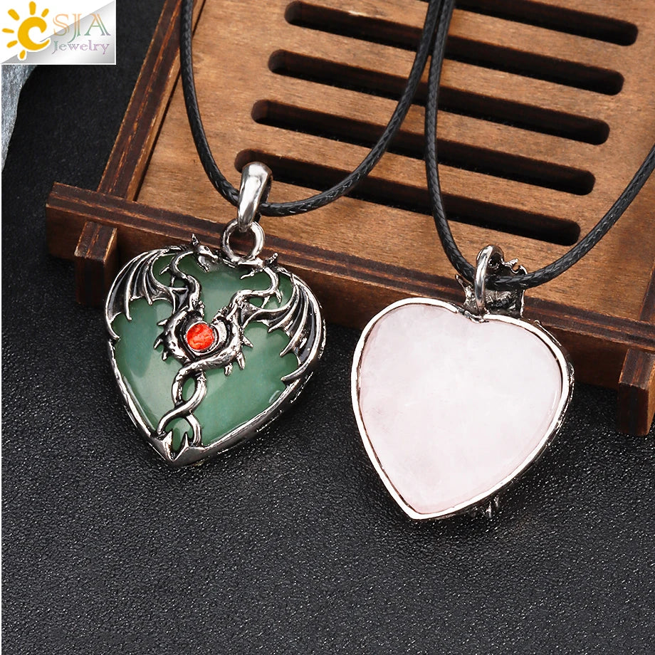 CSJA Double Dragon Necklace Natural Stone Heart Crystal Pendant Amulet Neckalces for Man Women Jewelry Gift H238