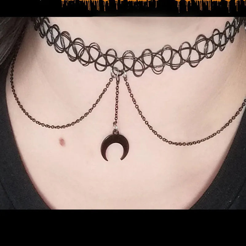 Moon Gothic Chains O Ring Choker Gothic  Moon Necklace, Moon Choker