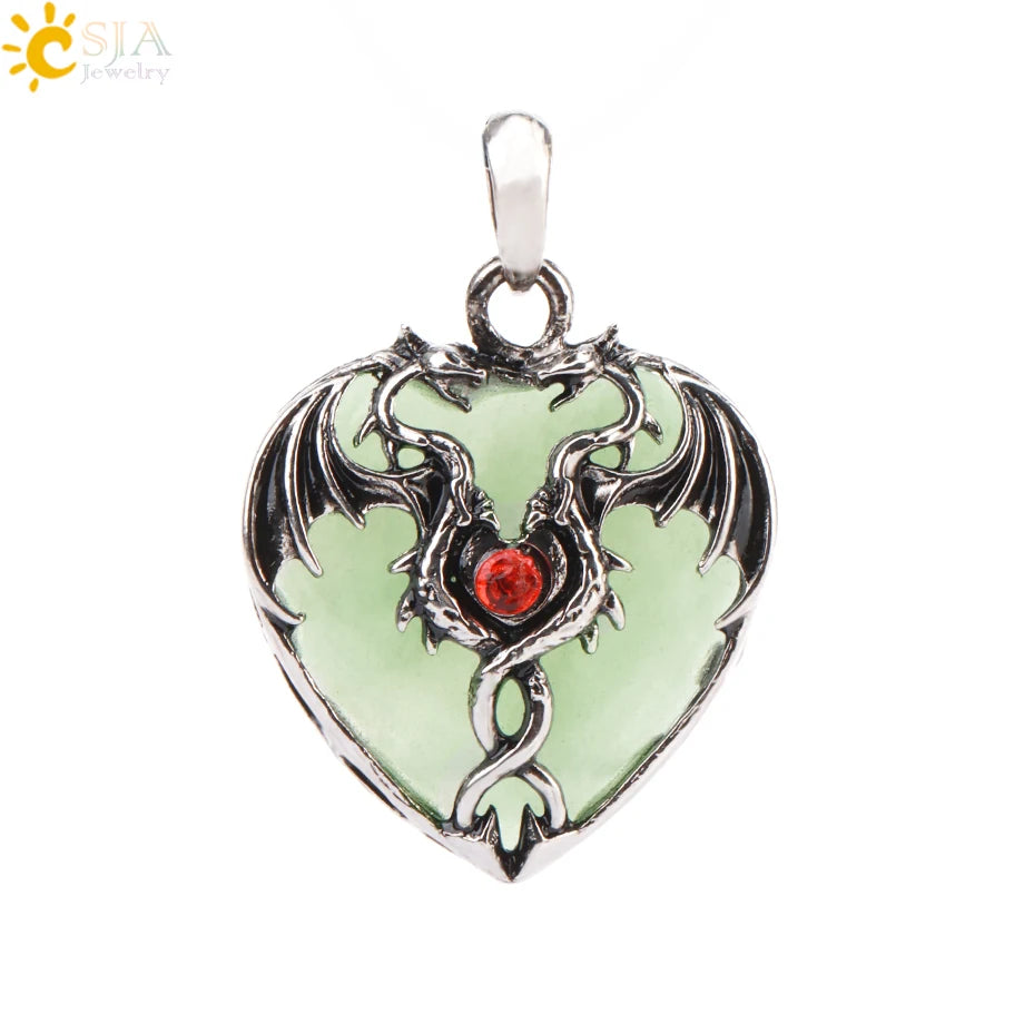 CSJA Double Dragon Necklace Natural Stone Heart Crystal Pendant Amulet Neckalces for Man Women Jewelry Gift H238