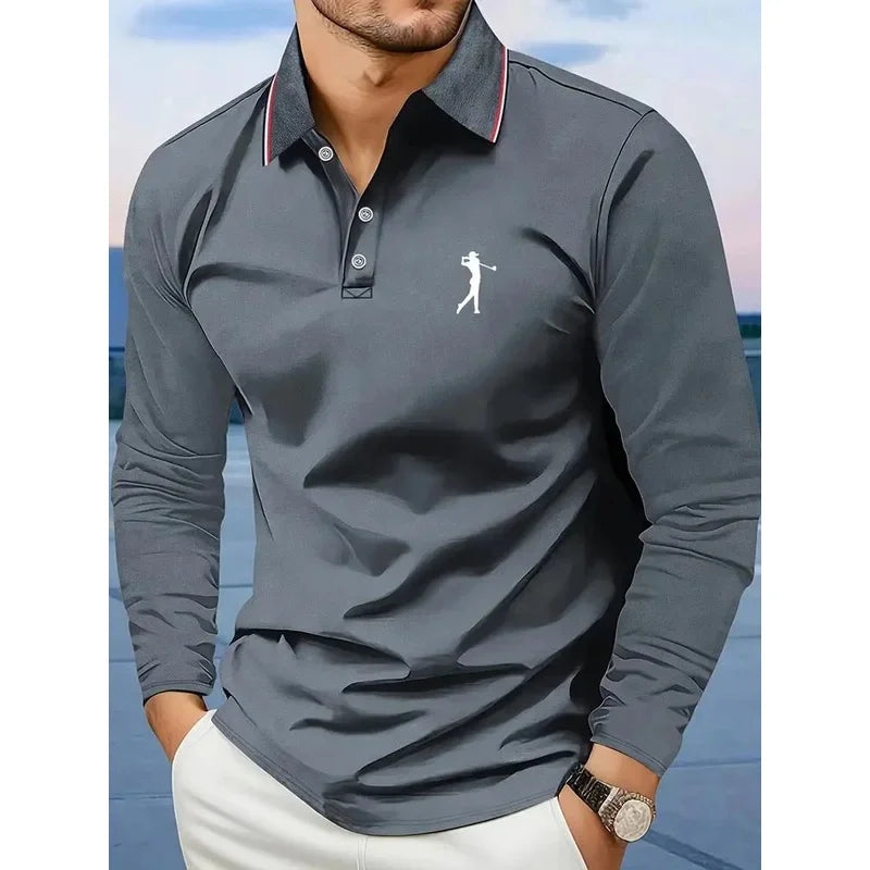Casual men's polo shirt with long sleeves, breathable and comfortable, suitable for striped printed graphics and golf player gra
