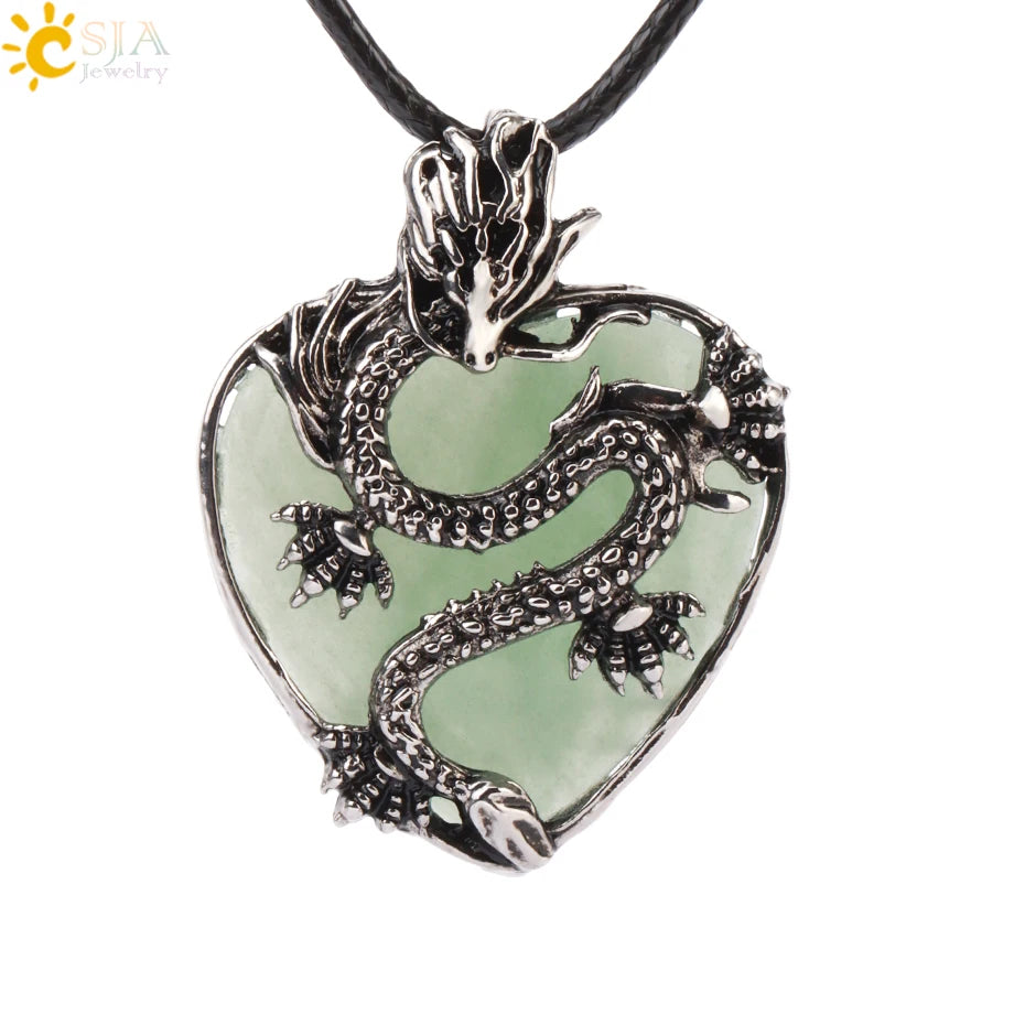 CSJA Double Dragon Necklace Natural Stone Heart Crystal Pendant Amulet Neckalces for Man Women Jewelry Gift H238