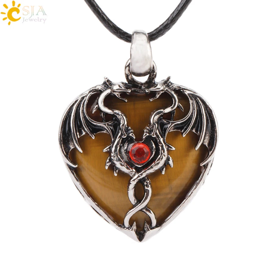 CSJA Double Dragon Necklace Natural Stone Heart Crystal Pendant Amulet Neckalces for Man Women Jewelry Gift H238