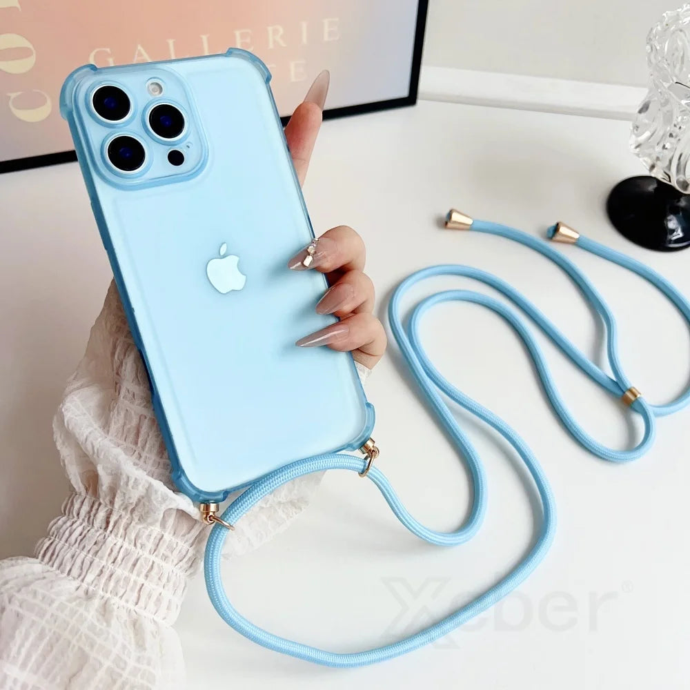 Crossbody Strap Lanyard Matte Shockproof Case For iPhone 17 16 Pro Max 15 14 13 Mini 12 11 XR XS X 7 8 Plus Clear Soft TPU Cover